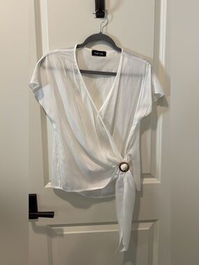 fab'rik White Wrap Tie Short Sleeve Top with Ring Accent